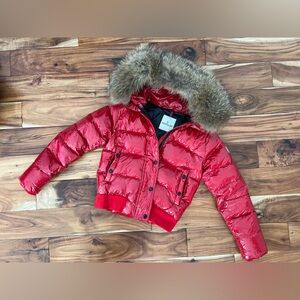 Stunning Moncler Shiny Red Jacket with Fur Trim